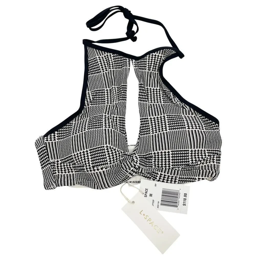 L*Space Jessy High Neck Cutout Bikini Top Best I Ever Plaid Size Medium NEW